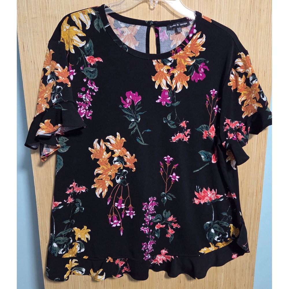 Cable & Gauge XL Womens Black Floral Ruffle Sleeve Hem Blouse Top Keyhole Back